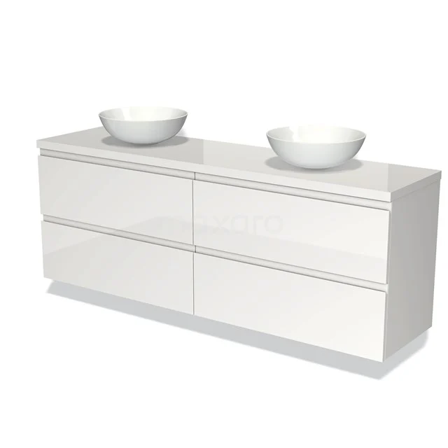 Wit hoogglans badkamermeubel met dubbele wastafel, en vier lades voor optimale opbergruimte en moderne uitstraling.