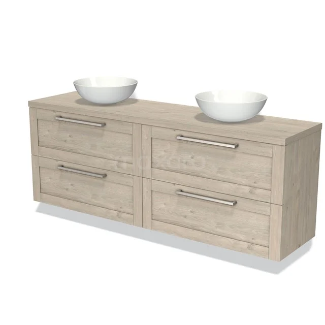 Wooden bathroom unit with two white countertop wash basins, four drawers and a modern finish in light oak.