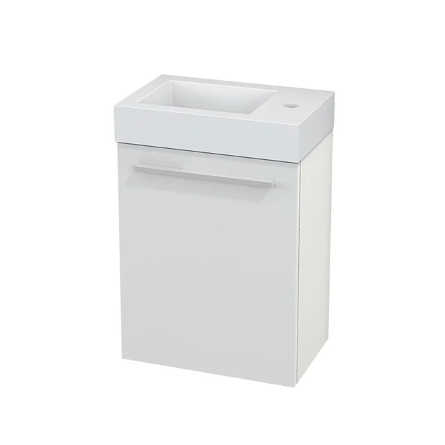 Kompakter weißer Badschrank mit integriertem Waschbecken, modernes Design und matte Oberfläche, ideal für kleine Bäder.
