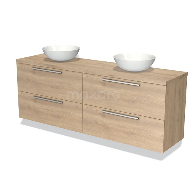 Modulo Plato Badmöbel mit Aufsatzwaschbecken | 180 cm Hellbraune Eiche Flach front Hellbraune Eiche blatt 4 Schubladen BMK18-00105 Holz Badezimmermöbel mit doppelten weißen Waschbecken, modernes Design, vier Schubladen, ideal für stilvolle Badezimmerlagerung.