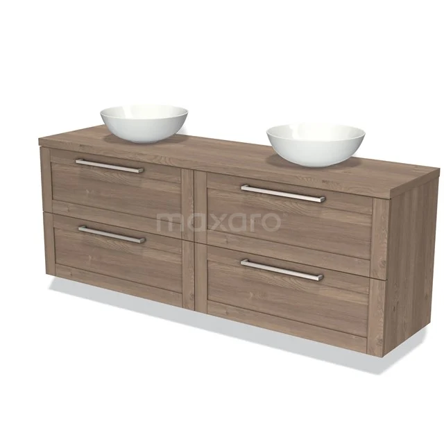 Hölzernes Badezimmermöbel mit Doppelwaschbecken, modernes Design, vier geräumige Schubladen und stilvolle Haltegriffe.