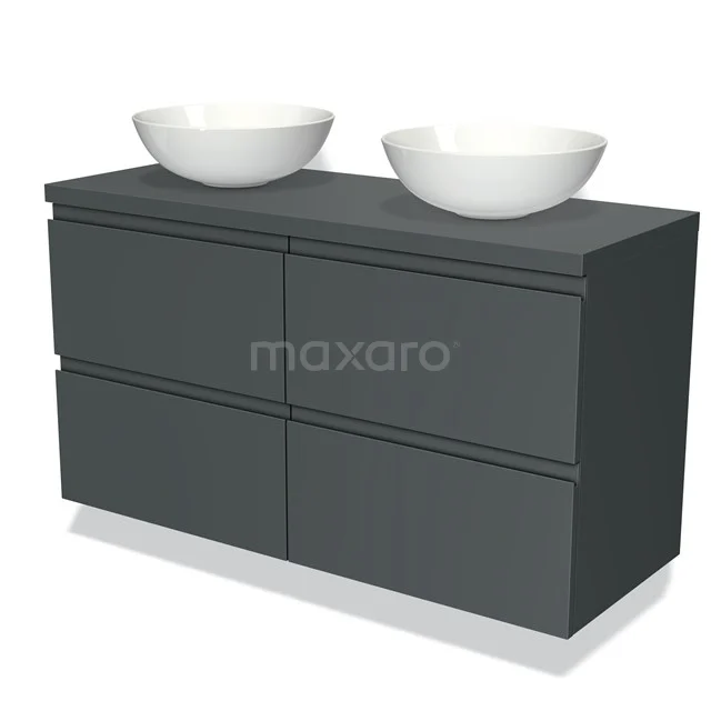 Grijze badkamermeubel met dubbele witte waskommen, modern design, ideaal voor een stijlvolle en functionele badkamer inrichting.