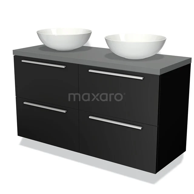 Zwarte badkamermeubelset met dubbele komvormige wastafels, grijze bovenblad en strakke ladegrepen, modern design.
