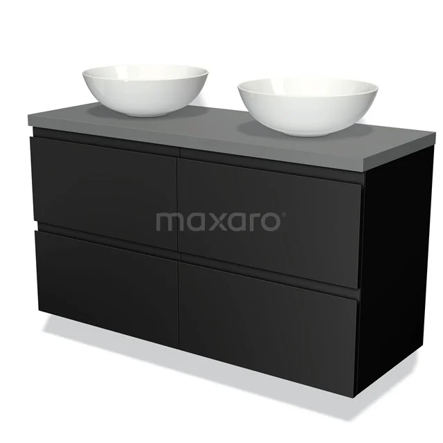 Zwarte badkamermeubelset met dubbele waskom, matgrijs blad, strak modern design en ruime opberglades.