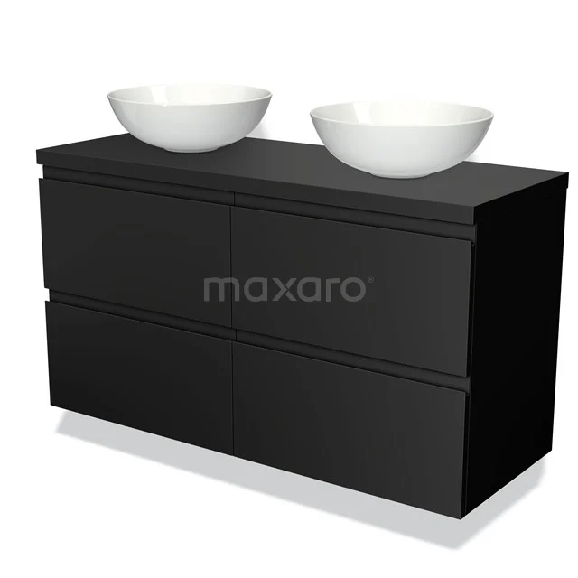 Zwart mat badkamermeubel met dubbele wastafel, strak design en moderne uitstraling, ideaal voor een stijlvolle badkamer.