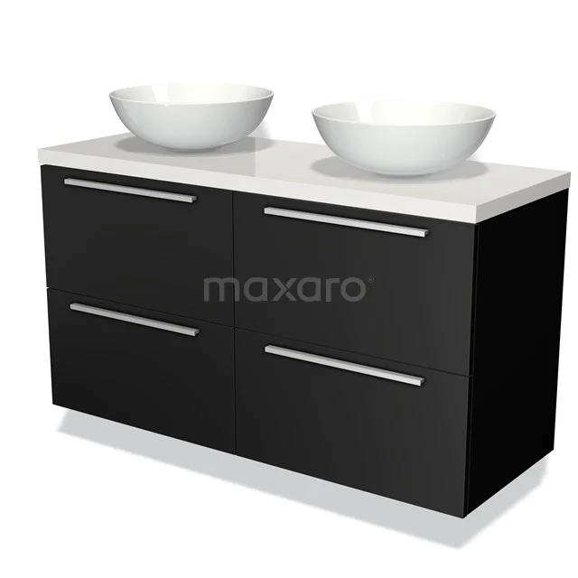Zwarte badkamermeubelset met dubbele witte ronde waskommen, moderne stijl en strakke handgrepen voor een eigentijdse look.