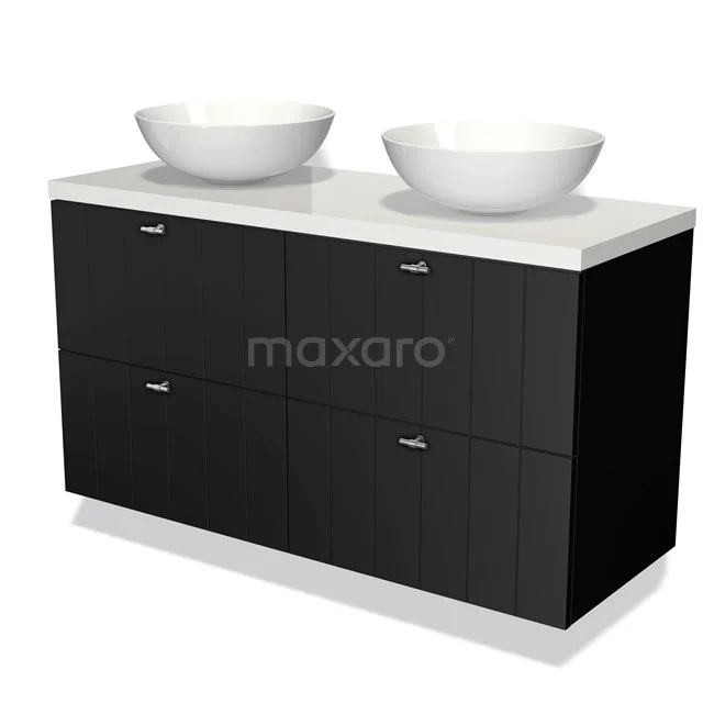 Zwarte badkamermeubel met dubbele witte waskommen, modern design en strakke lijnen, ideaal voor een luxe badkamerstijl.