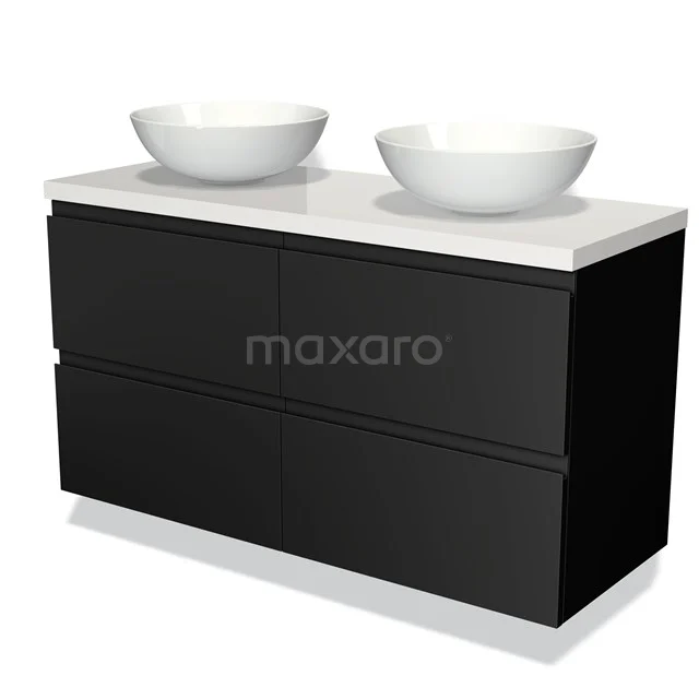 Black vanity unit with double white countertop wash basins, sleek design and spacious storage drawers, perfect for modern bathroom design.