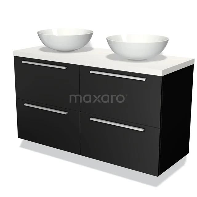 Zwarte badkamermeubelset met twee witte wastafels, strak design en chromen handgrepen, ideaal voor moderne badkamers.