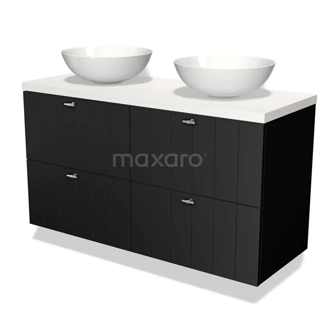 Zwarte badkamerkast met dubbele witte wastafels, modern design en hoogglans afwerking voor stijlvolle badkamerruimte.