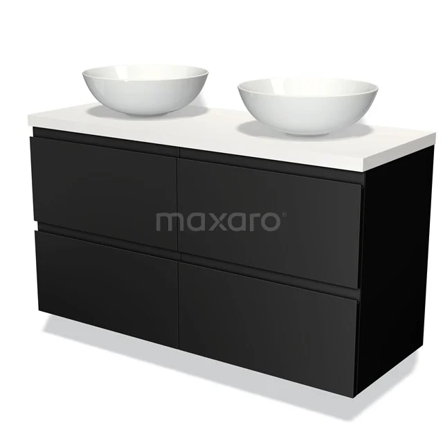 Black bathroom cabinet with two white countertop wash basins, modern high-gloss finish and sleek design for a stylish interior.