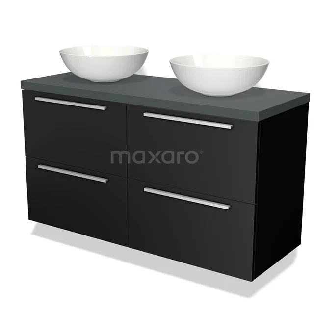 Zwart badkamermeubel met dubbele witte waskommen, strak design en metalen handgrepen, ideaal voor een moderne badkamer.