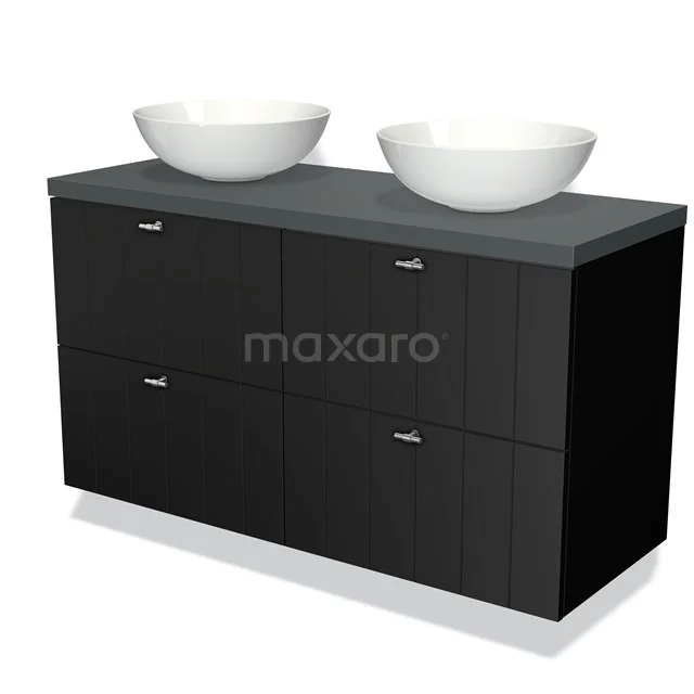 Black bathroom cabinet with double basin, modern grey top plate and white bowl-shaped sinks, sleek design.