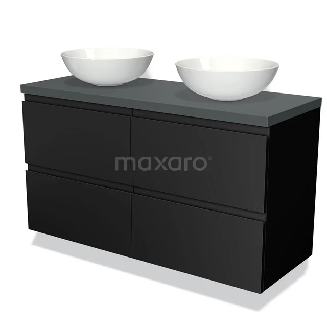 Schwarze Badmöbelset mit zwei weißen Aufsatzwaschbecken, schlichtes Design und mattem Anthrazit Platte, geeignet für moderne Bäder.