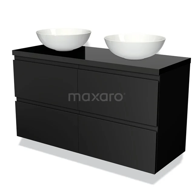 Black bathroom cabinet with double countertop wash basins, sleek design and glossy finish, ideal for modern bathrooms.
