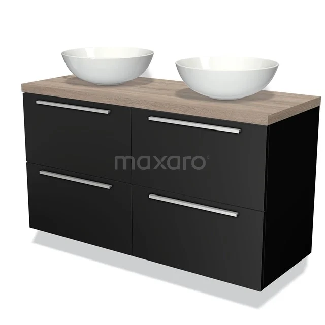 Zwarte badkamermeubel met houtlook blad, dubbele wastafel en modern design; ideaal voor stijlvolle badkamerruimtes.