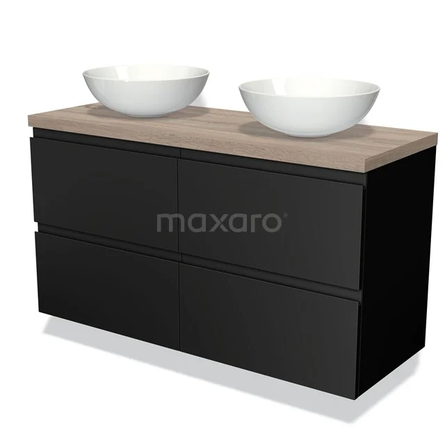Black wooden bathroom unit with two white vanity units for countertop wash basins and an oak worktop, modern design for stylish bathrooms.