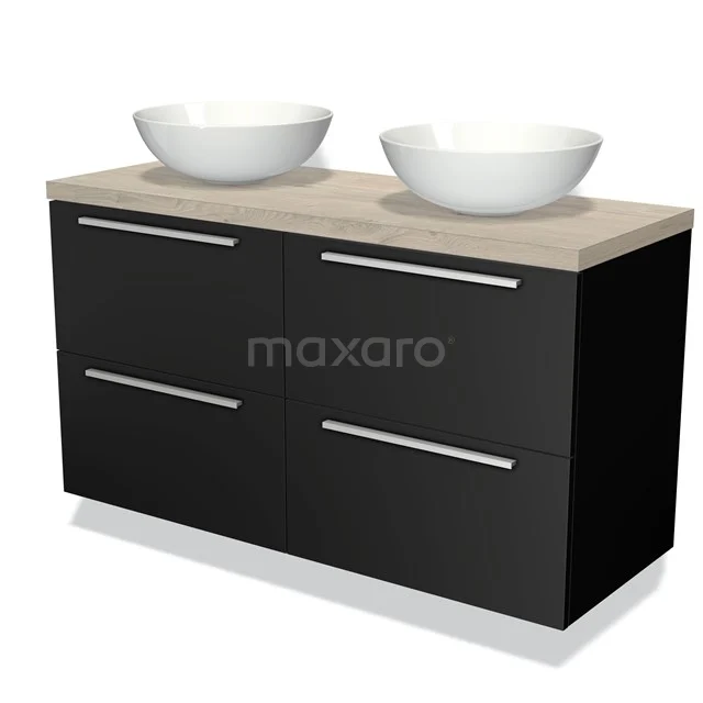 Zwarte dubbel wastafelmeubel met houtfineer blad, twee witte waskommen en ruime lades, ideaal voor moderne badkamers.