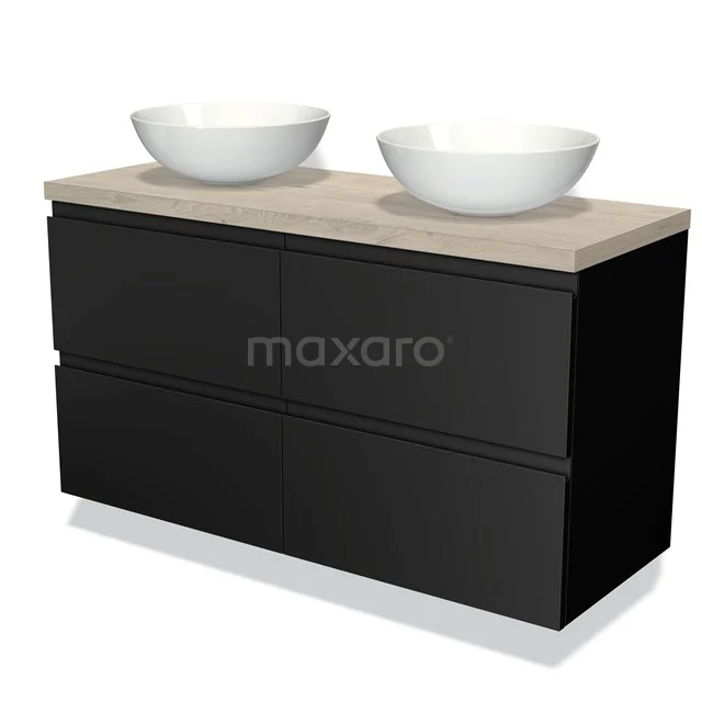 Zwarte badkamermeubel met houtlook blad en dubbele witte opzetwastafels, ideaal voor een moderne badkamerstijl.