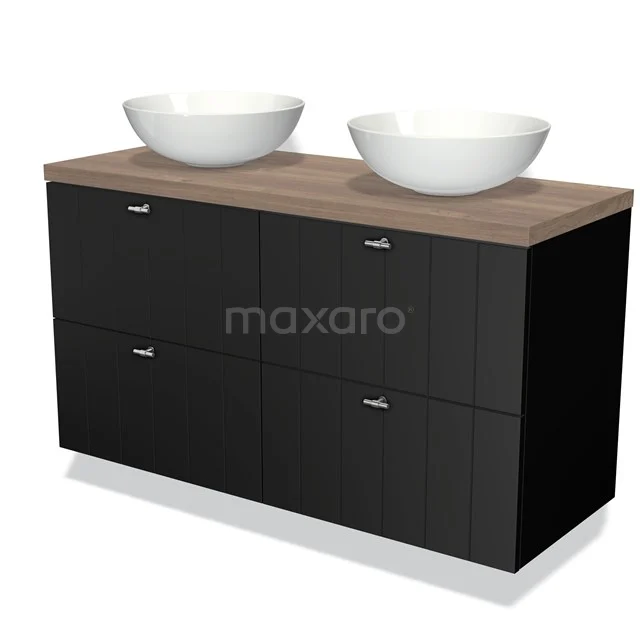Zwarte badkamermeubelset met houtlook blad, dubbele witte opzetwastafels en soft-close lades, ideale moderne badkamersfeer.