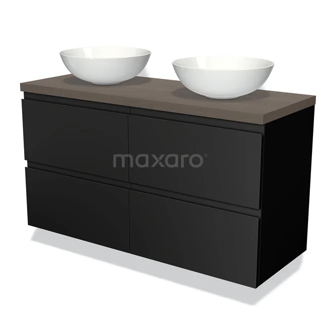 Badmöbelunterschrank für Aufsatzwaschbecken 120cm Modulo Plato Matt Schwarz 4 Schubladen Grifflos Dunkelbraune Eiche Platte BMK18-00143 Schwarzes Badmöbel mit Holzplatte und zwei weißen Aufsatzwaschbecken, stilvolles Design für moderne Badezimmergestaltung.