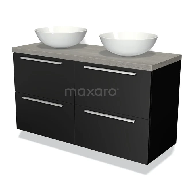 Zwarte wastafelmeubel met dubbele waskommen, grijze betonnen blad en chromen handgrepen, ideaal voor moderne badkamers.