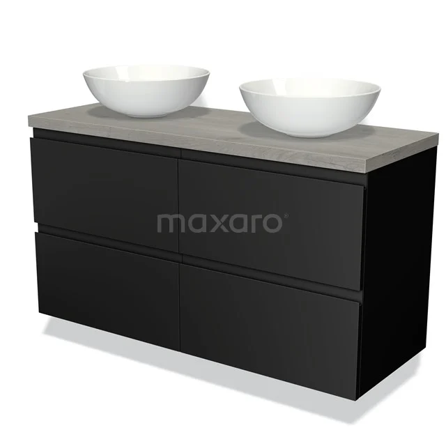 Zwart badkamermeubel met twee witte waskommen, betonnen blad, strak design, perfect voor een moderne badkamerstijl.