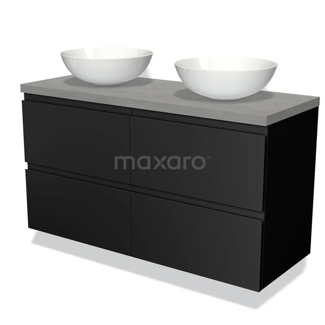 Zwarte badkamermeubel met matgrijze wastafelblad en twee witte opbouwkommen, modern design.