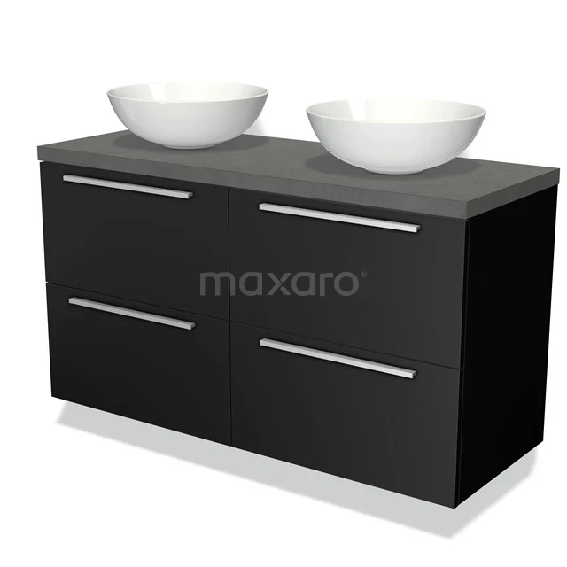Zwarte badkamermeubel met 2 witte wastafelkommen, modern design, voorzien van metalen handgrepen en een antraciet bovenblad.