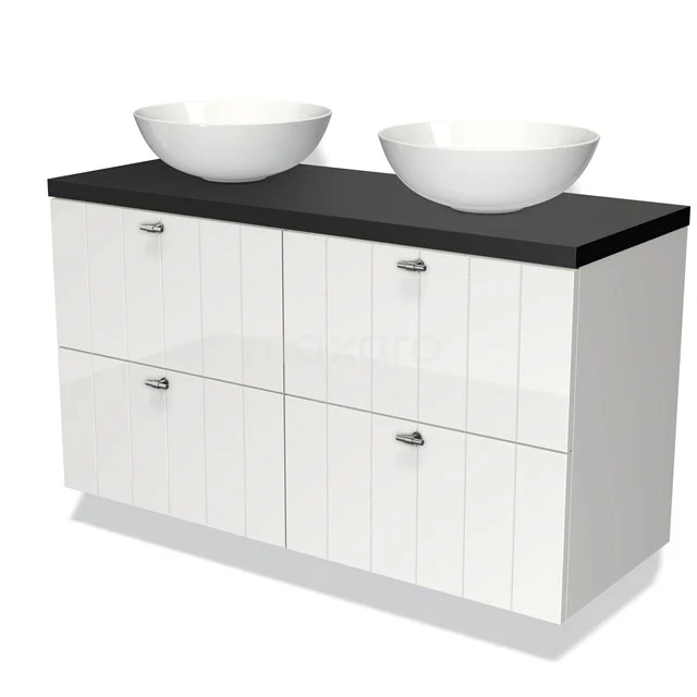 Badmöbel für Aufsatzwaschbecken 120cm Modulo Plato Hochglanz Weiß 4 Schubladen Schiefer Matt Schwarz Platte BMK18-00193 Weißes Badezimmermöbel mit schwarzer Platte, doppelten Aufsatzwaschbecken und modernen silbernen Haltegriffen; ideal für ein stilvolles Badezimmer.