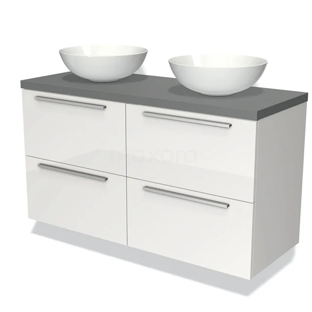 Weißes Badezimmermöbel mit Doppel-Aufsatzwaschbecken-Design, grauer Oberplatte und vier Schubladen; modernes und elegantes Design.