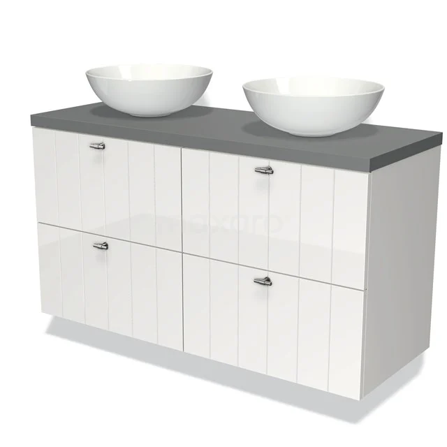Dubbele wastafelmeubel met witte hoogglans lades, grijs blad en twee ronde waskommen; stijlvol badkamerdesign.