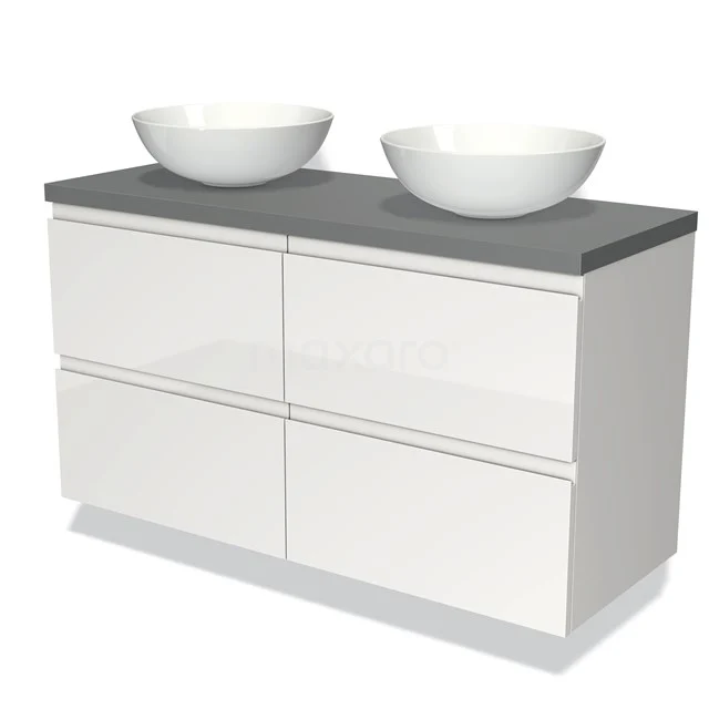 White bathroom furniture set with double basin, grey worktop, modern design and four drawers for practical storage space.