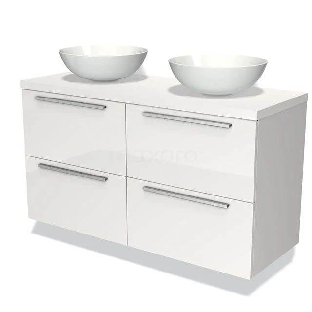 Badmöbel für Waschtischunterschrank mit Konsole 120cm Modulo Plato Hochglanz Weiß 4 Schubladen Flach Matt Weiß Platte BMK18-00198 Weißes Badezimmermöbel mit doppelten Aufsatzwaschbecken, modernem Design, glänzender Oberfläche und vier Schubladen; ideal für ein stilvolles Badezimmerinterieur.