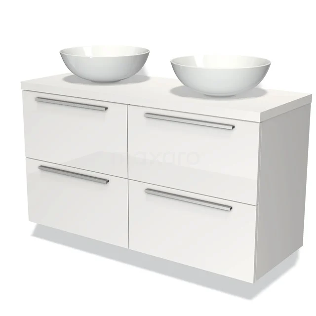 Wit badkamermeubel met dubbele waskommen, modern design, glanzende afwerking en vier lades; ideaal voor een stijlvol badkamerinterieur.