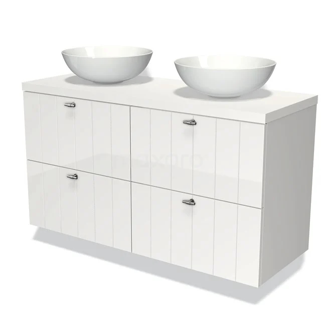 Weißes Doppelwaschbeckenmöbel, Hochglanzoberfläche, mit zwei keramischen Aufsatzwaschbecken, ideal für einen modernen Badezimmerstil.