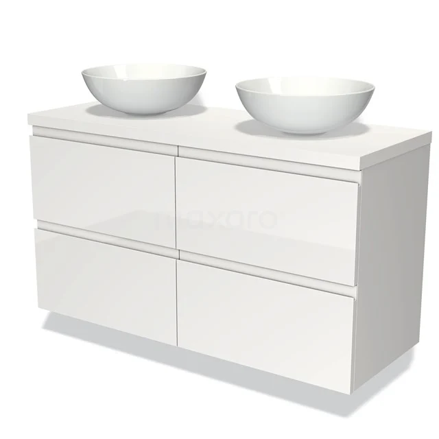 Wit badkamermeubel met dubbele keramische wastafels, modern design en ruime opberglades, ideaal voor stijlvolle badkamers.