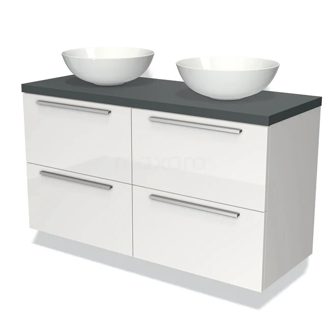 Weißes Badezimmermöbel mit doppelten Aufsatzwaschbecken, schwarzer Platte und vier Schubladen, modernes Design in Hochglanzausführung.