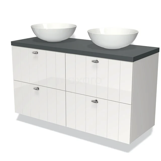 Badmöbel für Waschtischunterschrank mit Konsole 120cm Modulo Plato Hochglanz Weiß 4 Schubladen Lamelle Dunkelgrau Platte BMK18-00202 Weißes Badezimmermöbel mit doppeltem Aufsatzwaschbecken, anthrazit Platte und modernen Schränken; perfekt für stilvolle Badezimmerlagerung.