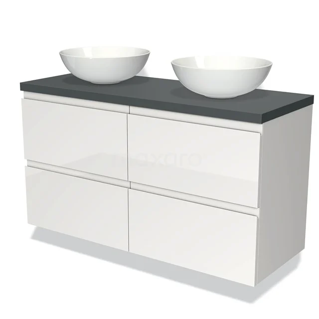 Moderne witte badkamermeubelset met twee ronde wastafels, donkere bovenplaat en soft-close lades.