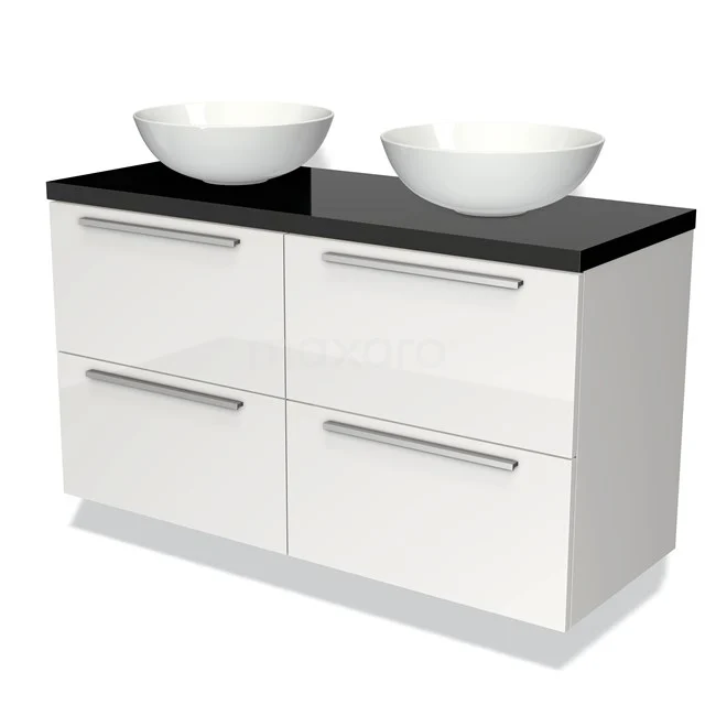 Wit badkamermeubel met zwarte bovenblad, dubbele waskom en vier lades, modern design voor een stijlvolle badkamer.