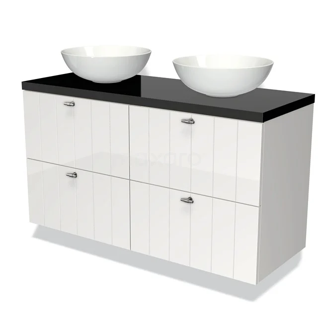 Weißes Badezimmermöbel mit schwarzer Platte, Doppelwaschbecken und moderner Ausführung, ideal für einen stilvollen Badezimmerraum.