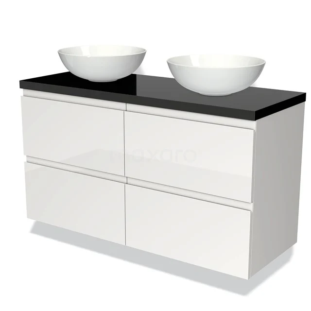 Badmöbel für Waschtischunterschrank mit Konsole 120cm Modulo Plato Hochglanz Weiß 4 Schubladen Grifflos Hochglanz Schwarz Platte BMK18-00206 Weißer Badschrank mit schwarzer Platte, doppelten runden Waschbecken, modernem Design, geeignet für stilvolle Badezimmergestaltung.