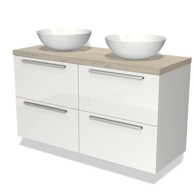 Weißes Badmöbel mit zwei keramischen Aufsatzwaschbecken, Holzplatte und vier Schubladen, modernes Design für stilvolle Bäder.