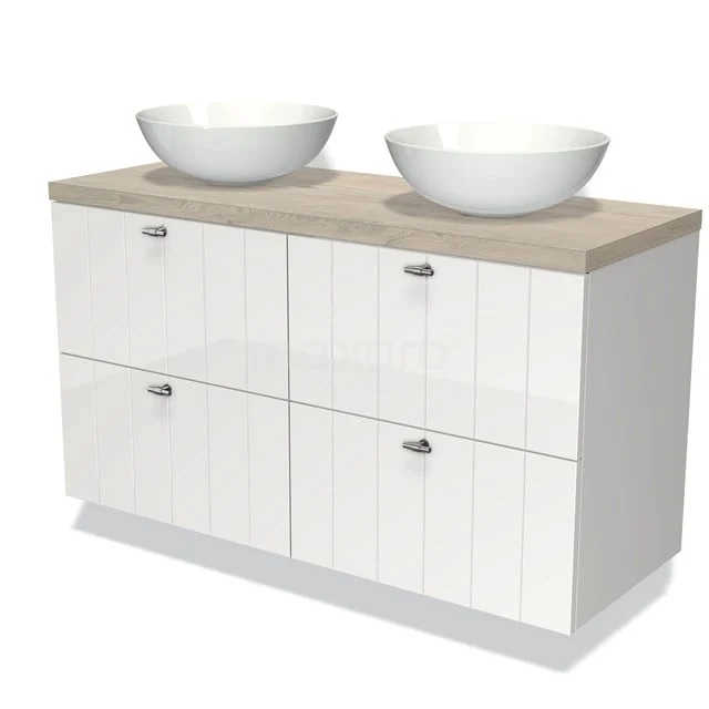 Moderne weiße Badmöbel mit doppelten Aufsatzwaschbecken und Holzplatte, ideal für stilvolle und praktische Badezimmergestaltung.