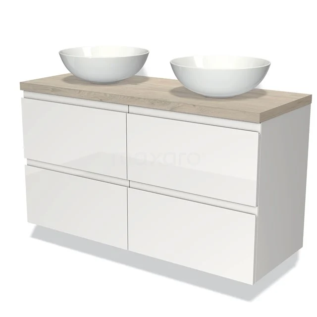 Weiße Badmöbel mit zwei runden Waschbecken, holzfarbener Platte, modernes Design und geräumigen Schubladen.