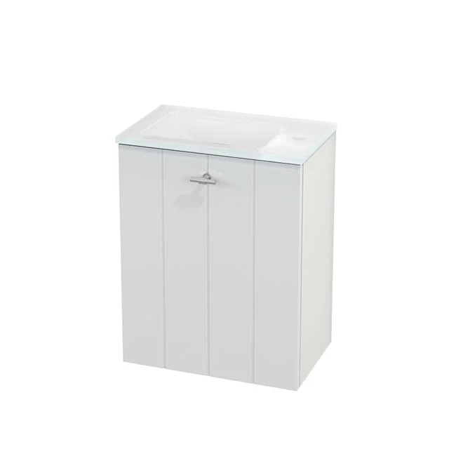 WC-Möbel mit Waschbecken Glas Modulo+ Pico Hochglanz Weiß 40cm BMC001026 Weißes Badmöbel mit Unterschrank und keramischem Waschbecken, vertikalen Paneelen und metallischem Haltegriff, ideal für ein modernes Badezimmer.