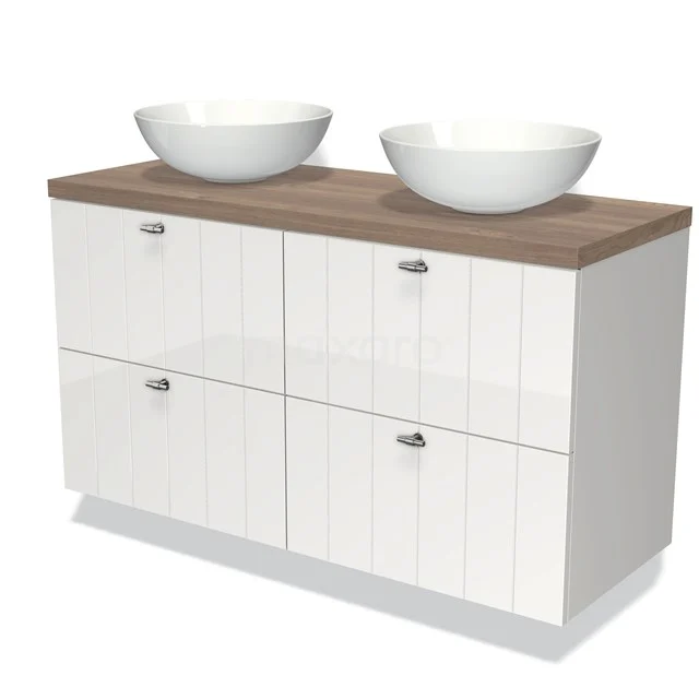 Wit badkamermeubel met houten blad, dubbele ronde wastafels, moderne stijl, perfect voor een stijlvolle badkamer.