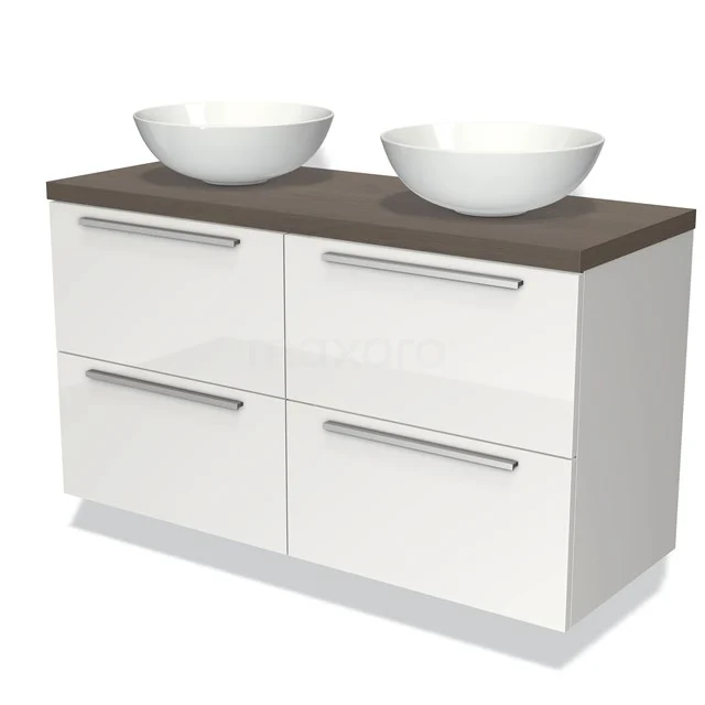 Modulo Plato Badmöbel mit Aufsatzwaschbecken | 120 cm Hochglanz Weiß Flach front Dunkelbraune Eiche blatt 4 Schubladen BMK18-00219 Weißes Badezimmermöbel mit Holzplatte, doppelten keramischen Waschbecken und vier Schubladen. Modernes Design für stilvolle Bäder.