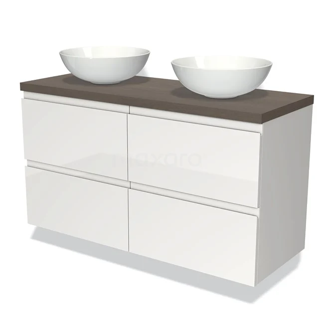 Modulo Plato Vanity units for countertop basin | 120 cm High-gloss white Handle-less front Dark brown oak worktop 4 drawers BMK18-00221